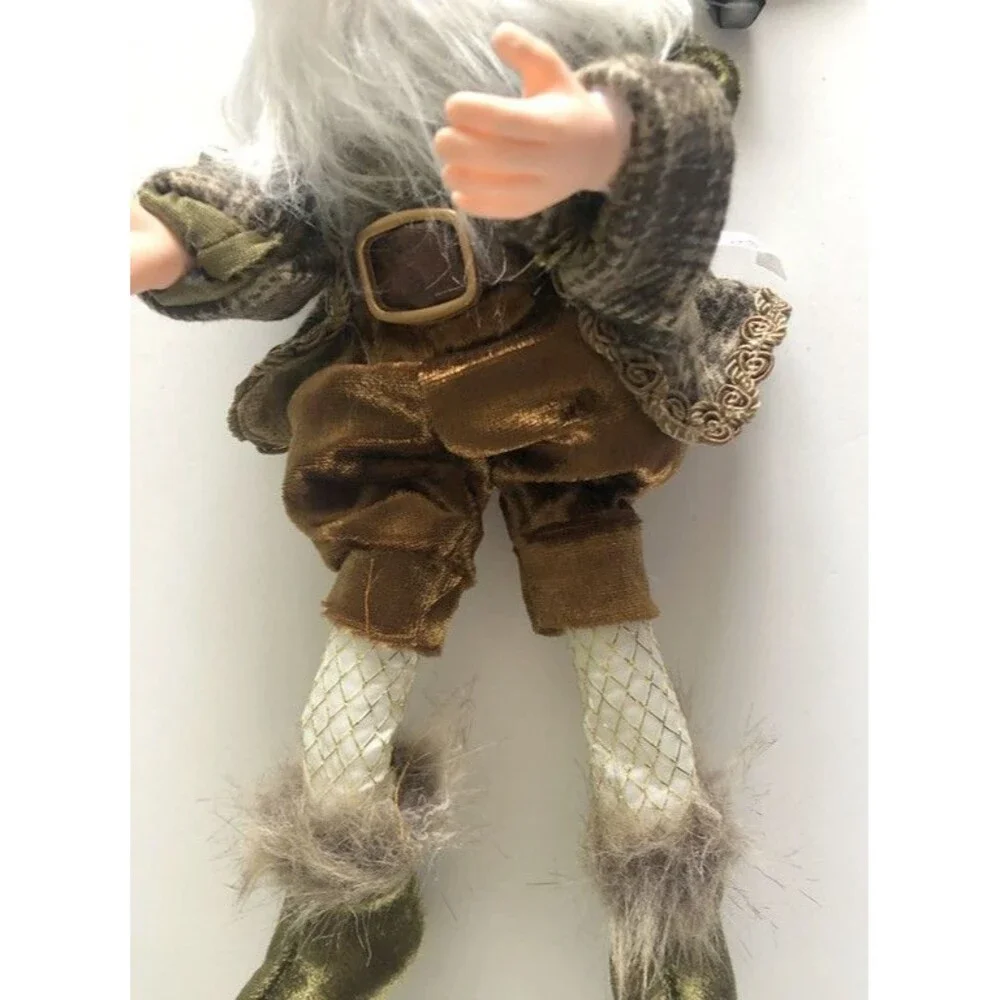 Christmas Pixie Elf Doll Gnome Gold Braid Trim Posable Hanging Bells Brown Plaid